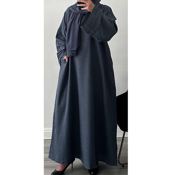 LINEN ABAYA DENIM BLUE WITH TWO POCKETS