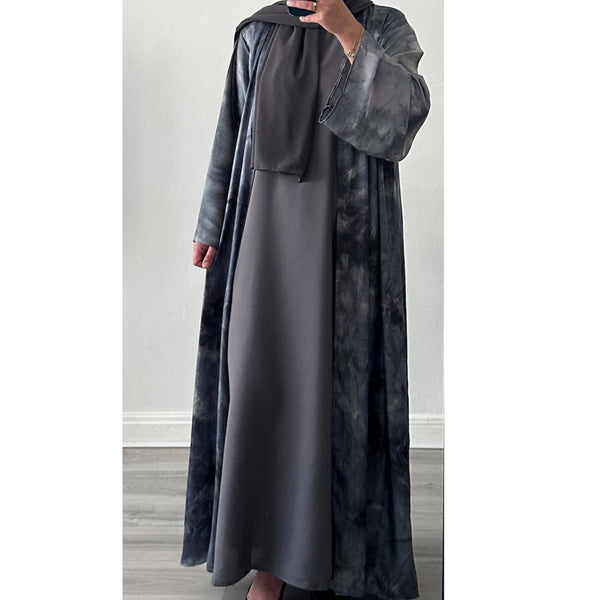 4 PIECE MARBLE PRINT ABAYA SET GREY