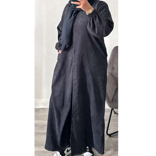 OPEN STYLE CORDUROY RIBBED ABAYA DARK GREY