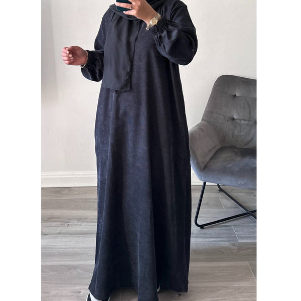 WINTER RIBBED ABAYA WITH TWO POCKETS DARK GREY