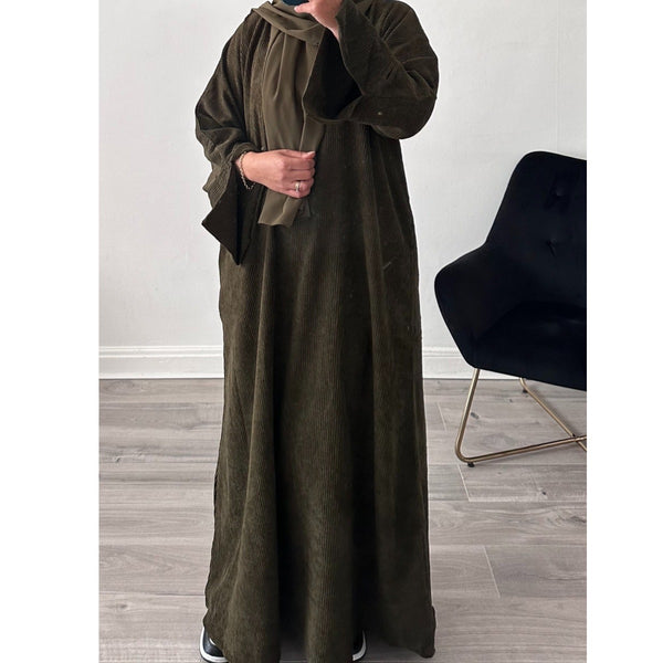 CORDUROY CLOSED 2 POCKET ABAYA OLIVE