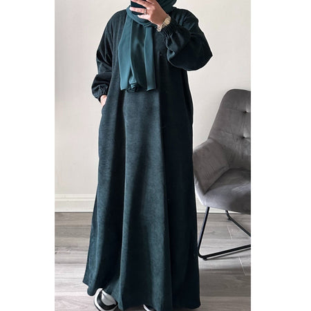 WINTER RIBBED ABAYA WITH TWO POCKETS DARK GREY