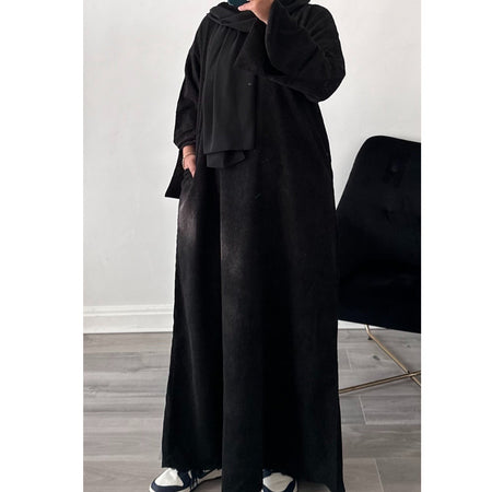 WINTER RIBBED ABAYA WITH TWO POCKETS DARK GREY