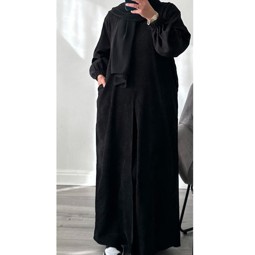 OPEN STYLE CORDUROY RIBBED ABAYA BLACK