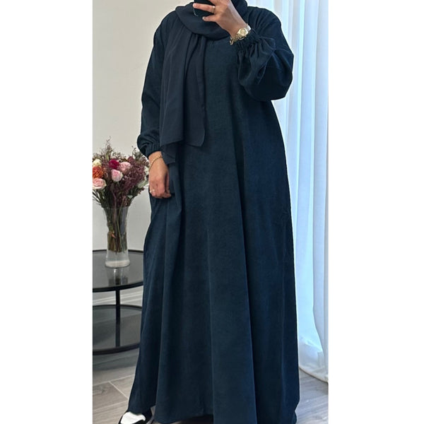 WINTER RIBBED ABAYA WITH TWO POCKETS TEAL BLUE