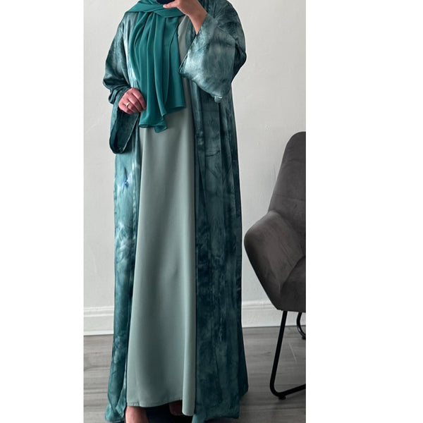 4 PIECE MARBLE PRINT ABAYA GREEN