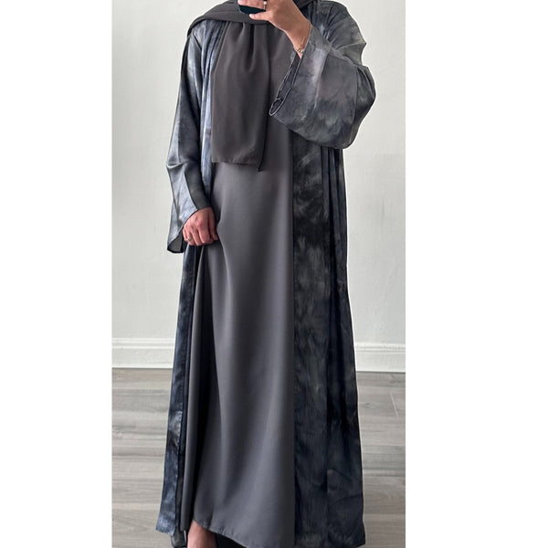 4 PIECE MARBLE PRINT ABAYA SET GREY