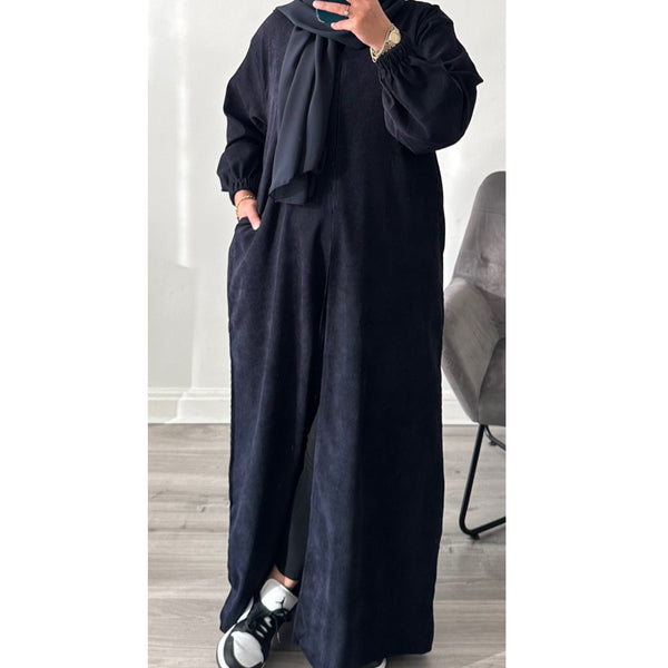 OPEN STYLE CORDUROY RIBBED ABAYA NAVY