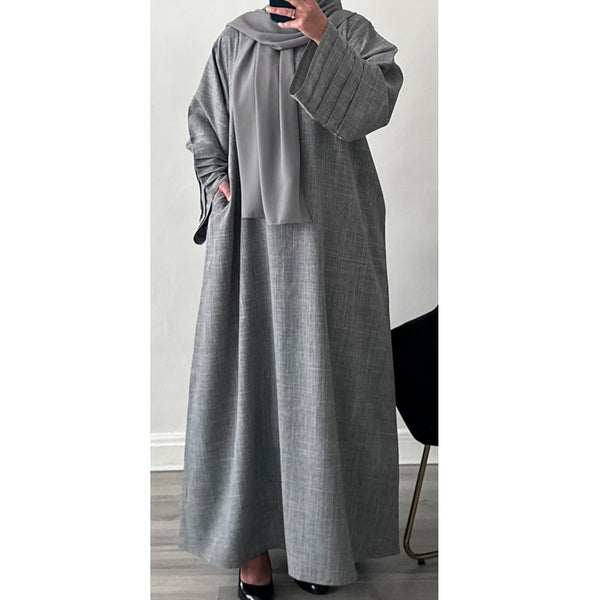 LINEN ABAYA GREY WITH TWO POCKETS