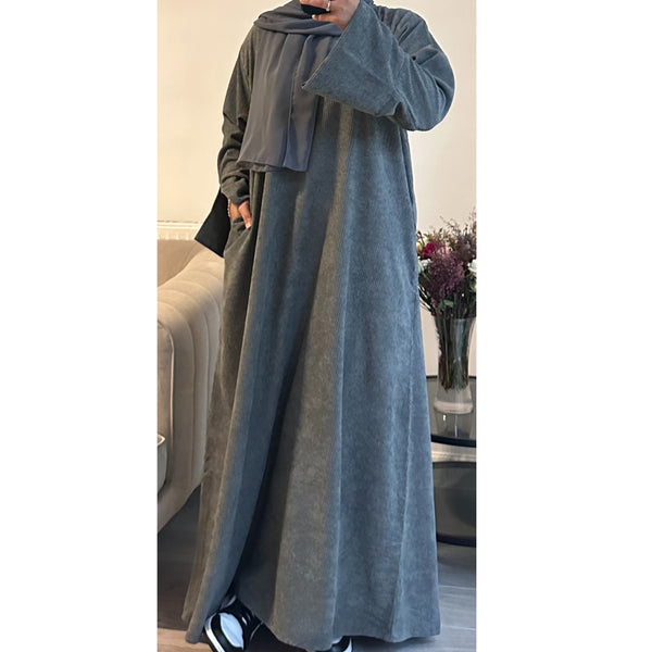 CORDUROY CLOSED 2 POCKET ABAYA GREY