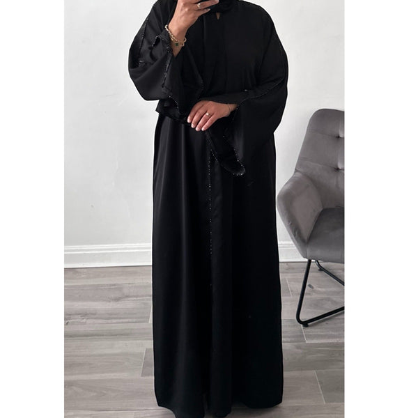 LUXE BLACK OPEN BEADED ABAYA WITH BUTTONS