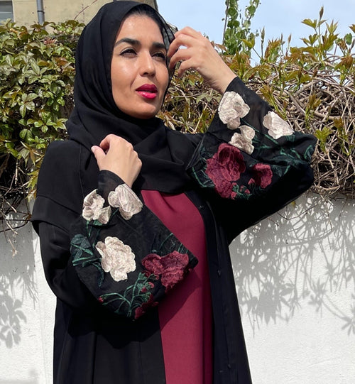 FLORAL BLOSSOM ABAYA BLACK/MAROON