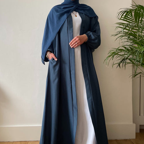 AYLA OPEN POCKET ABAYA DENIM BLUE