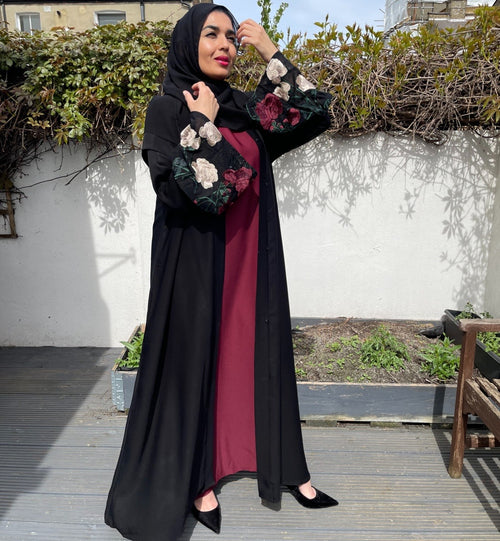 FLORAL BLOSSOM ABAYA BLACK/MAROON